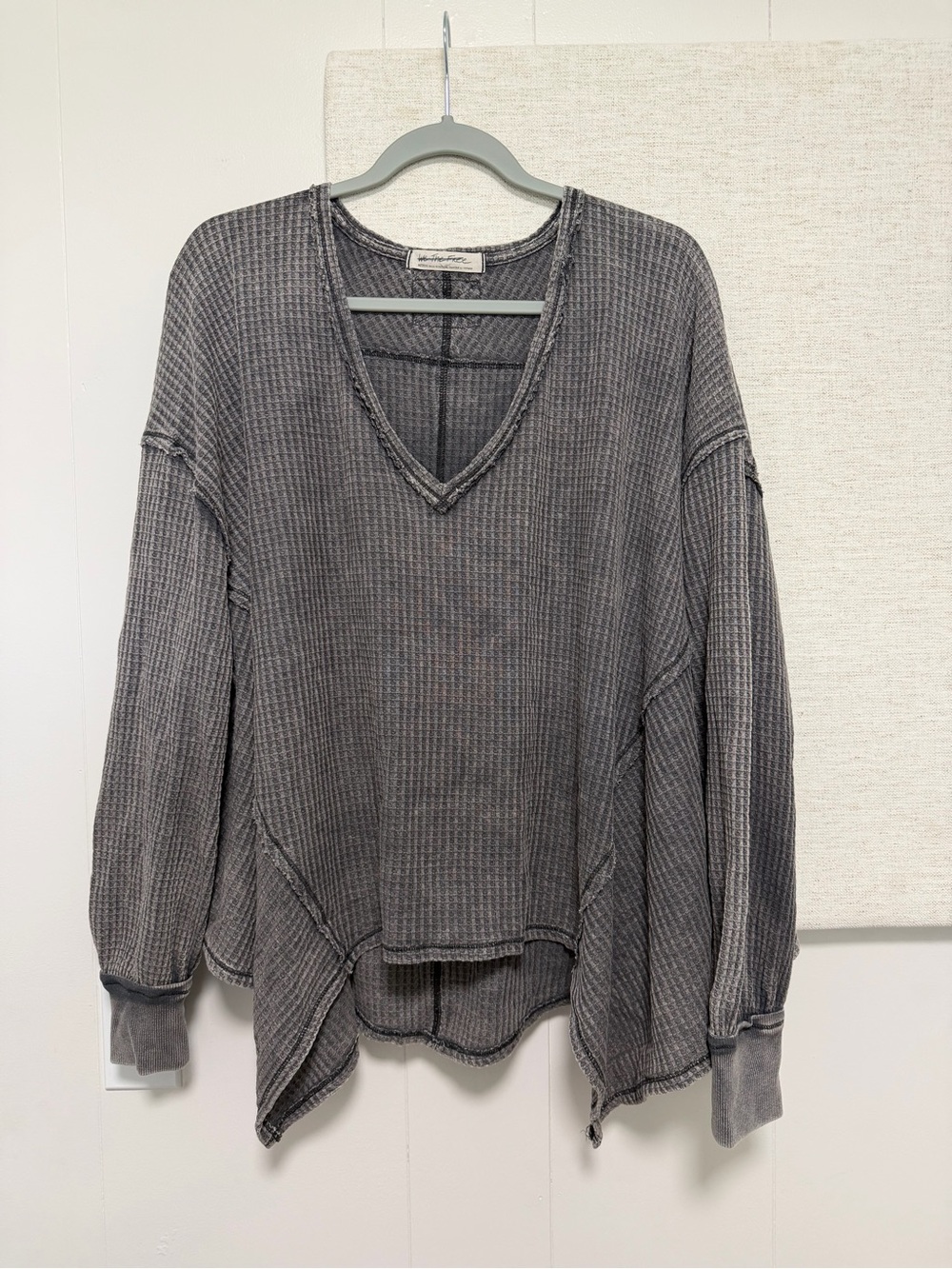 We The Free Washed Charcoal V-Neck Waffle Long Sleeve Top